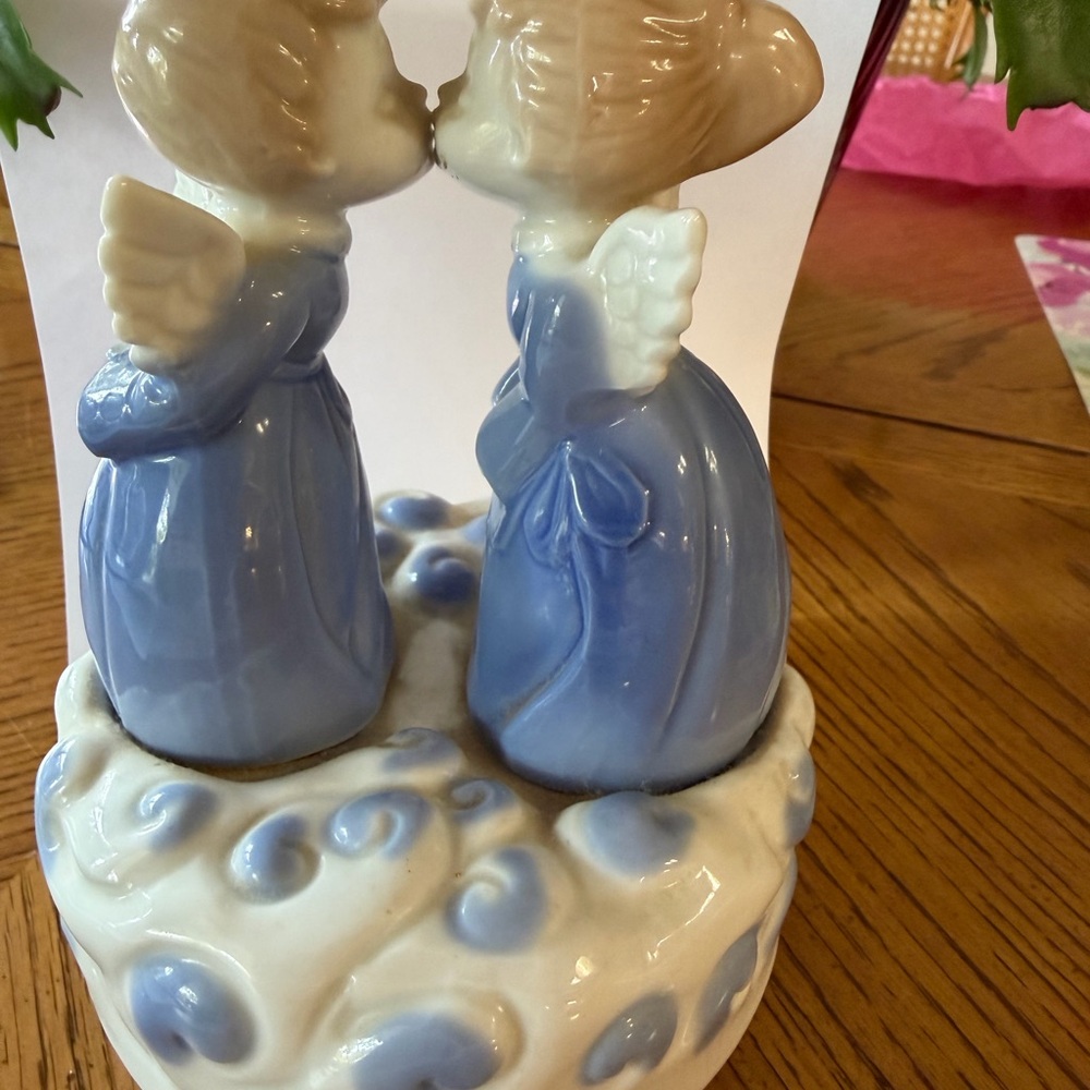 Blue and White Kissing Angel  Music Box Figurine.